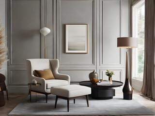 Harmonious Living Room Ensemble - Armchair, Coffee Table & Lamp Balance
