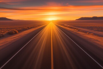 A straight highway slicing through a vast desert, leading towards a magnificent sunrise with vibrant hues of orange and red reflecting on the sandy terrain. The early morning light is crisp - obrazy, fototapety, plakaty