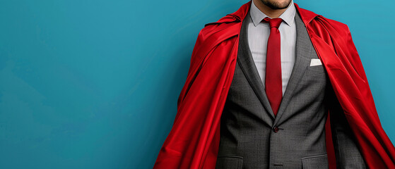 chest of a businessman in a business suit and tie and a red superhero cape behind his back - obrazy, fototapety, plakaty
