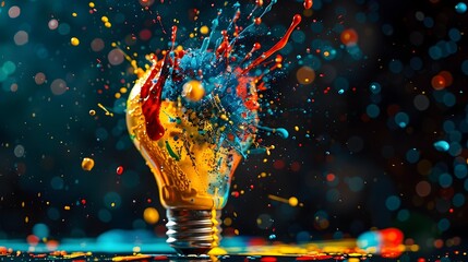 A light bulb bursts with vibrant paint splashes against a dark background, symbolizing creative explosion and innovative ideas. - obrazy, fototapety, plakaty