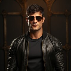 Obraz premium A stylish man with dark hair and captivating brown eyes, wearing a leather jacket and sunglasses, exuding a serious and enigmatic aura. Isolated on black. Square format.