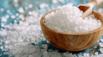 Fototapeta na wymiar sea salt in a wooden bowl, natural flavoring, kitchen ingredients close up image 