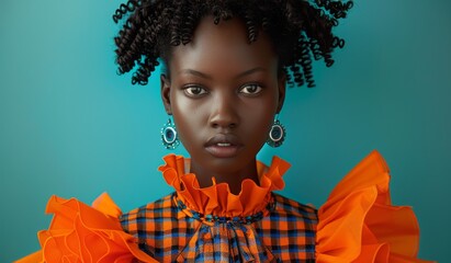 Bold and vibrant, a woman with curly locks stands confidently against a white wall, adorned in an eye-catching orange and blue ensemble that reflects her individuality and fearless fashion sense - obrazy, fototapety, plakaty