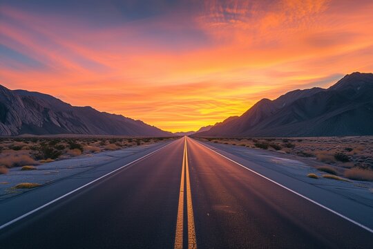 A straight, deserted highway going towards a vibrant sunrise over rugged mountains, with the sky painted in hues of orange and pink.