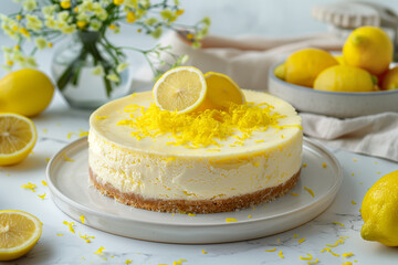 Obraz na płótnie Canvas Lemon cheesecake with a thin, crispy base, topped with lemon zest, bright and refreshing flavor