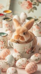 A sun-kissed, sandy-colored bunny amidst a garden of pastel floral-patterned Easter eggs. A ceramic bucket with a delicate floral motif holds more eggs