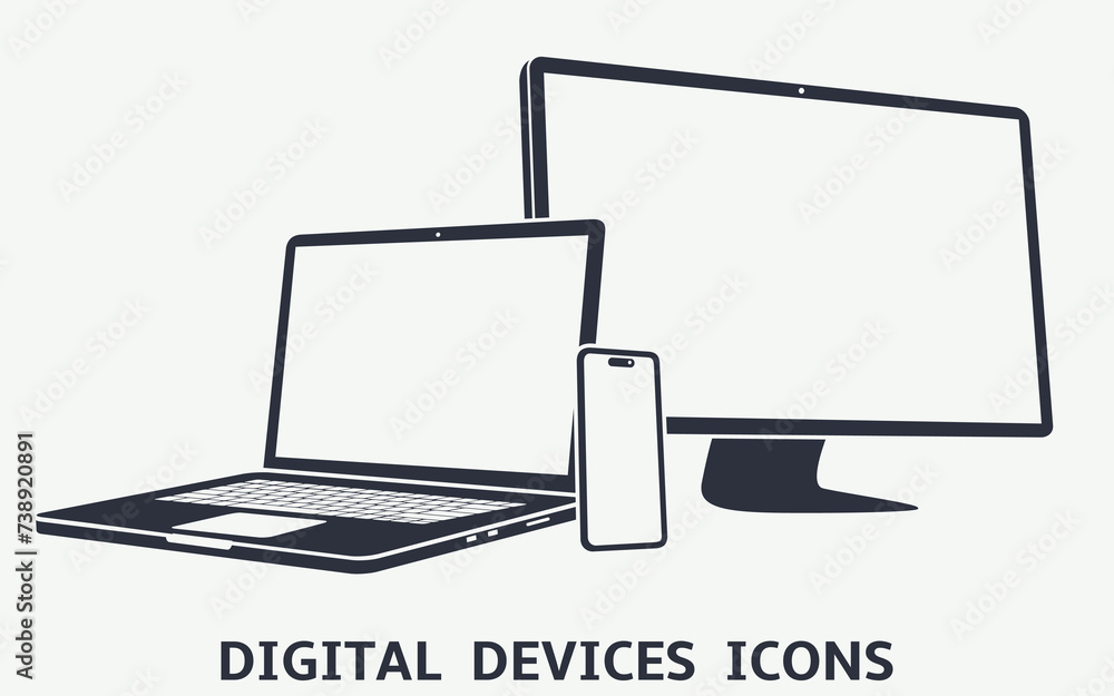 Poster device icons smart phone, laptop and desktop computer. vector illustration of responsive web design.