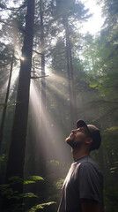 Man standing in a forest looking up at the sunlight filtering through the trees, peaceful and introspective moment