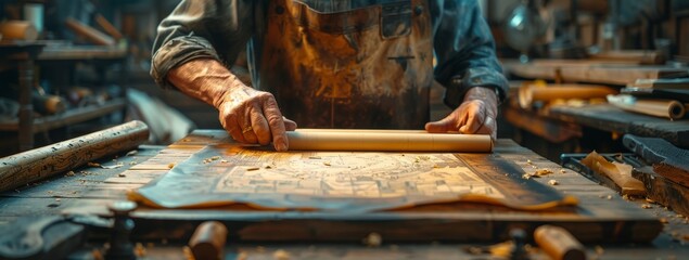 A skilled artisan navigates through a sprawling map, their wooden tube holding the secrets of a factory that crafts beautiful clothing as a form of art - obrazy, fototapety, plakaty