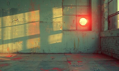 Amidst an abandoned building, a vibrant red wall stands tall as the sun's rays pour through a lone window, illuminating the desolate street with a touch of colorful hope