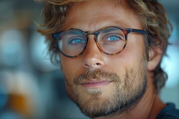 A bearded man with piercing blue eyes gazes confidently through his glasses, exuding a cool and sophisticated air in his stylish eyewear