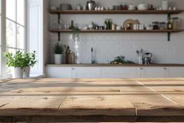 Fototapeta na wymiar Empty kitchen table top on the background of Scandinavian style kitchen background