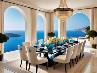 Luxury by the Sea: Mediterranean Interior Design Elevating a Modern Dining Room - obrazy, fototapety, plakaty
