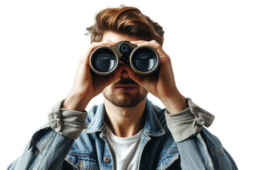 Man look through binoculars isolated on white background, front view