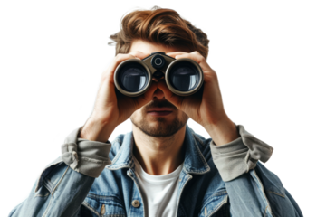 Man look through binoculars isolated on white background, front view