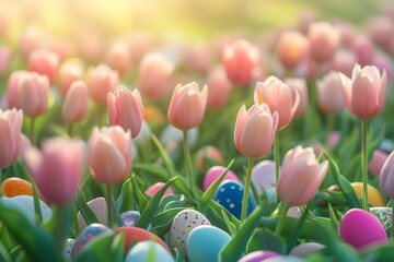 A whimsical Easter background with a field of blooming tulips in soft focus, dotted with colorful Easter eggs, ideal for a central product highlight.