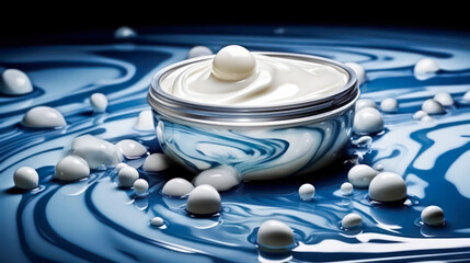A delicate textured face cream displayed against a serene blue background, representing skincare and beauty products with a soothing aesthetic.