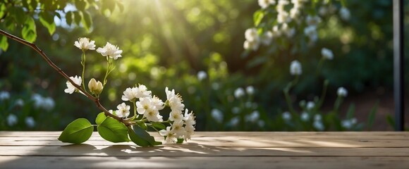 Background with an empty wooden table and a branch of white flowers. Spring or summer wallpaper with an empty space. Natural bokeh. Rays of light. Daylight.	 - Powered by Adobe