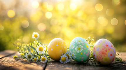Fototapeta na wymiar Easter greeting card with painted Easter eggs on wood with flowers on blurred background. free space