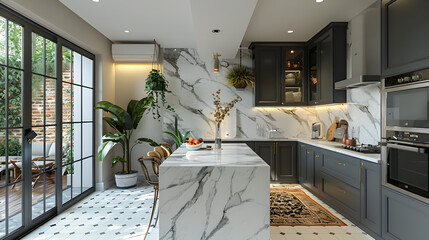 A chic black and white kitchen with marble countertops. Interior design. Created with generative AI.