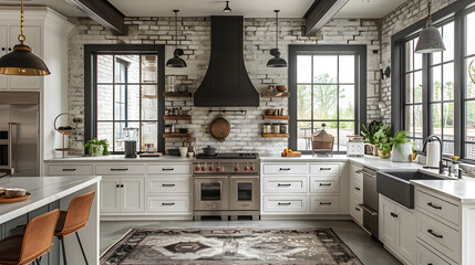 A spacious black and white kitchen with industrial accents. Interior design. Created with...
