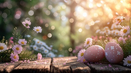 Easter card with pastel colors Easter eggs on wood with flowers on blurred background. free space