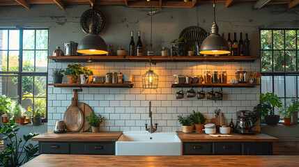 A modern black and white kitchen. Open shelving and industrial lighting interior design. Created...