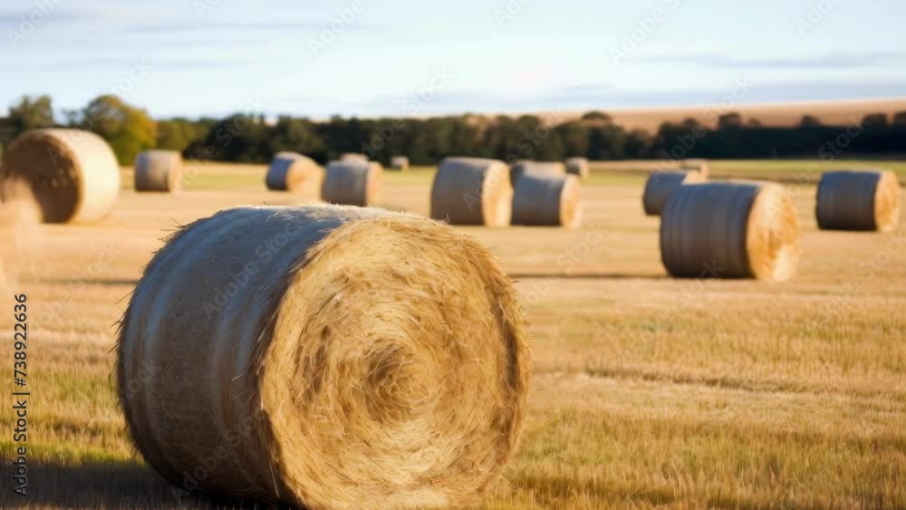 Poster hay bales in field with trees in background