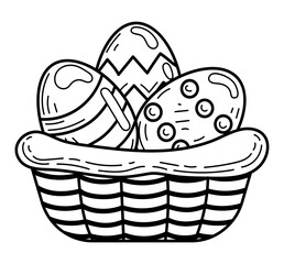 Coloring basket Easter eggs sketch. Holiday symbol. Hand drawn vector illustration.