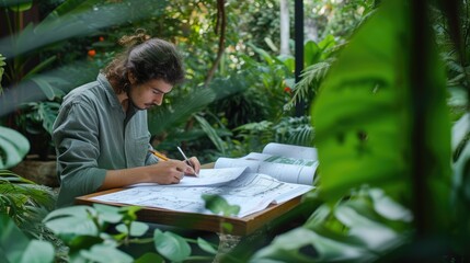 An overhead view of a landscape architect analyzing garden design plans amidst a lush green setting. AIG41