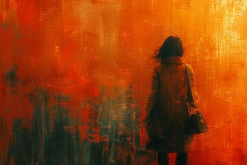 A solitary figure, adorned in vibrant orange clothing, stands in the midst of a rainy cityscape, her graceful movements captured in a mesmerizing abstract painting