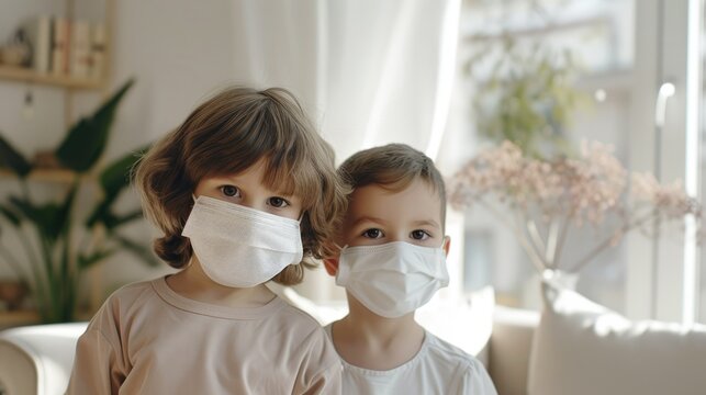 Young Siblings with Fabric Masks in a Well-Lit Living Room, Togetherness in the Times of Pandemic