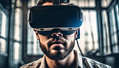 person with VR glasses, portrait of a person with VR glass, person playing game with VR glass, person doing work with VR glass - obrazy, fototapety, plakaty