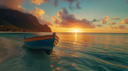 A panorama capturing a fishing boat against the backdrop sunset, professionally framing the serene beauty of the coastal landscape.