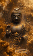 Fototapeta premium golden buddha statue in fire, buddhism religion concept, portrait of buddha in flame