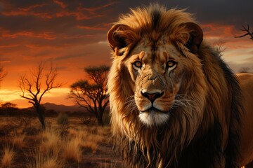 This captivating image displays the regal lion in the warm African sunset. Its golden mane and powerful presence create a striking impression, perfect for any setting.