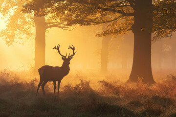 First Light: Deer in a Vivid Foggy Forest
