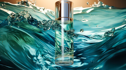 Mens perfume bottle displayed against a blue water background with captivating splashes, evoking a sense of freshness and masculinity. - obrazy, fototapety, plakaty