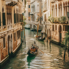 Serene Gondola Ride on Venetian Canal with Historic Architecture - obrazy, fototapety, plakaty