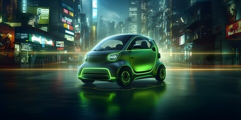 Green electric vehicle blends into futuristic cityscape promoting sustainable transportation. Concept Sustainable Transportation, Electric Vehicles, Future Urbanism, Green Technology