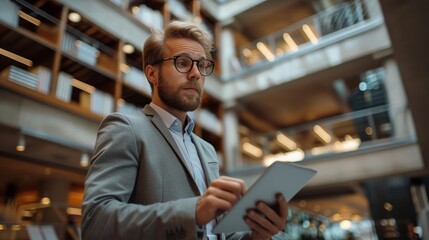 Tablet, business man in office with glasses, reading email or social media post scroll, schedule or report. Planning, research and man