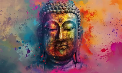 Foto op Plexiglas colorful vivid golden buddha face, buddhism religion concept, closeup multicolored portrait of buddha with closed eyes © goami
