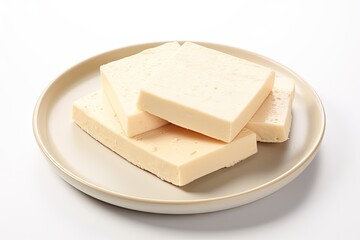 Tofu Cheese Isolated, Smoked Vegan Cheese Slice, Sliced Soya Bean Curd, Soy Protein or TSP