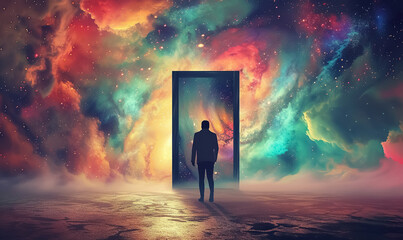man walking into fantastic world through open door, new beginnings and new life, gate to heaven, afterlife and paradise concept