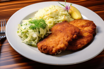 Traditional Polish Chop, Breaded Cutlet, Roasted Pork Steak in Breadcrumbs with Fresh Cabbage Salads