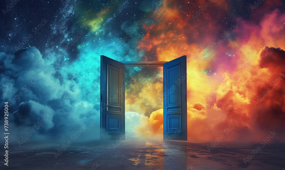 Wall mural open door with light at the end, new life and opportunity concept, changes and right decision, gate to fantastic world  with stars and nebulas - Wall murals