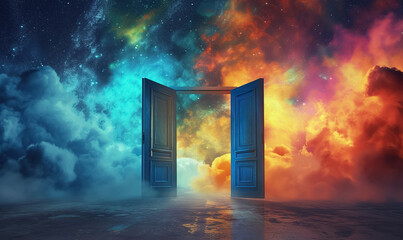 open door with light at the end, new life and opportunity concept, changes and right decision, gate to fantastic world  with stars and nebulas