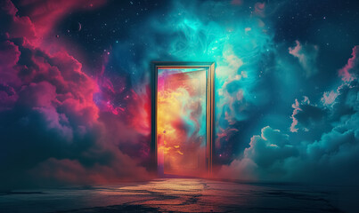 open door with light at the end, new life and opportunity concept, changes and right decision, gate to fantastic world  with stars and nebulas