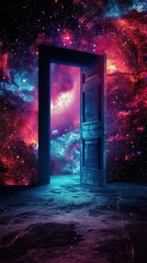 open door with light at the end, new life and opportunity concept, changes and right decision, gate to fantastic world  with stars and nebulas