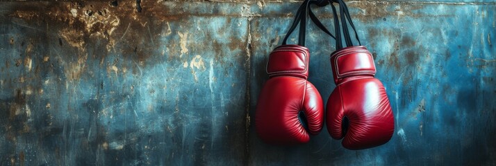 New red boxing gloves hanging on blue wall - obrazy, fototapety, plakaty